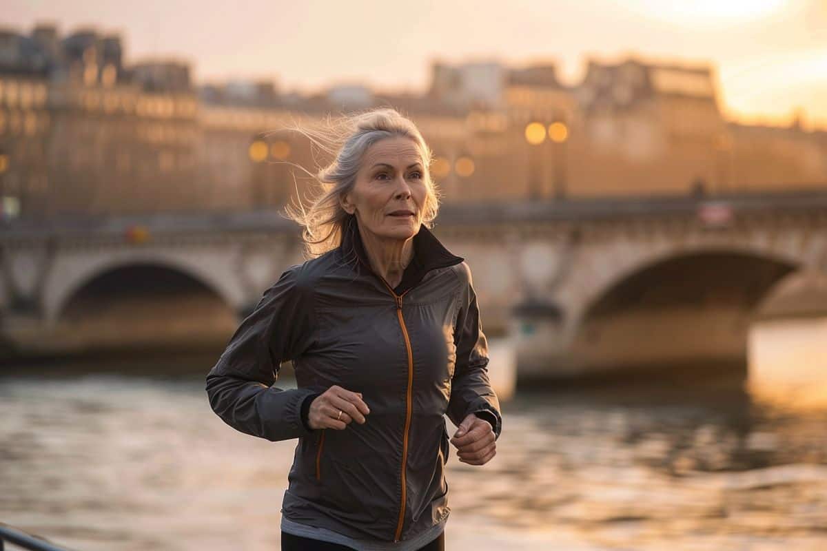 Middleaged woman jogging along the Seine river in Paris at sunrise.