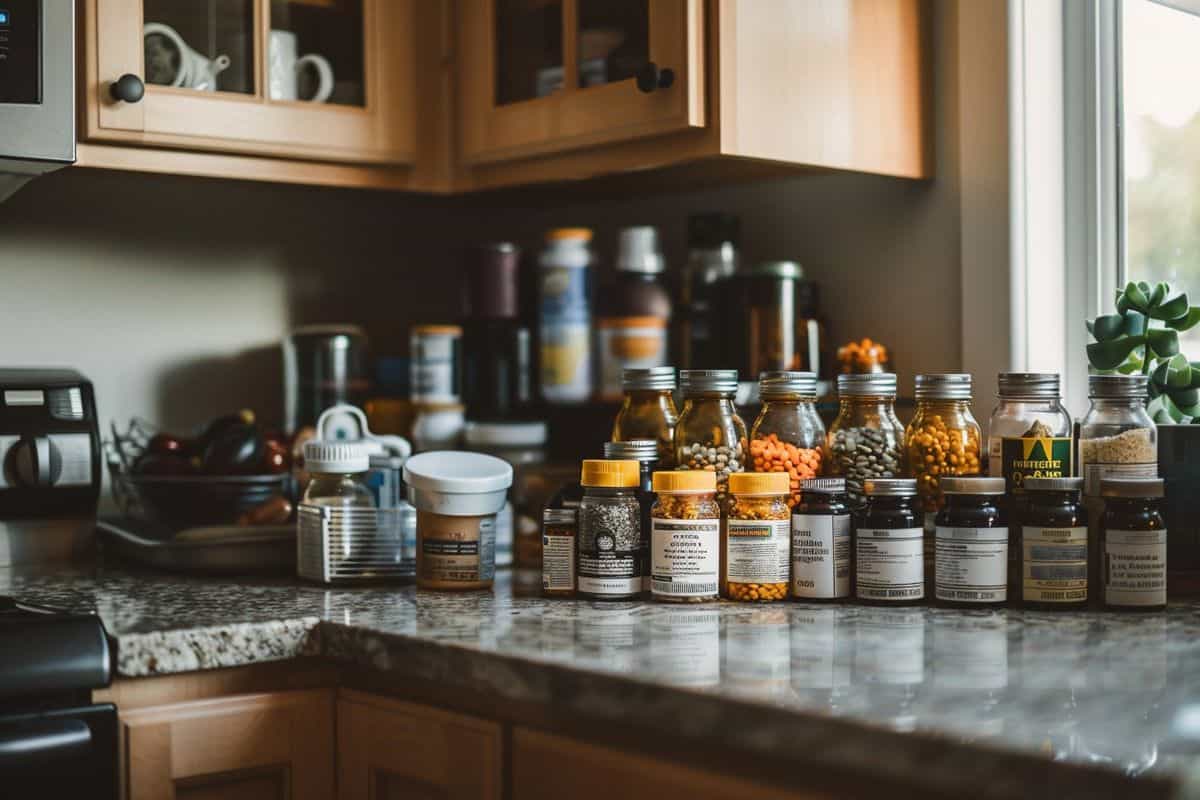 Supplements and vitamins neatly organized on a kitchen counter for daily use.